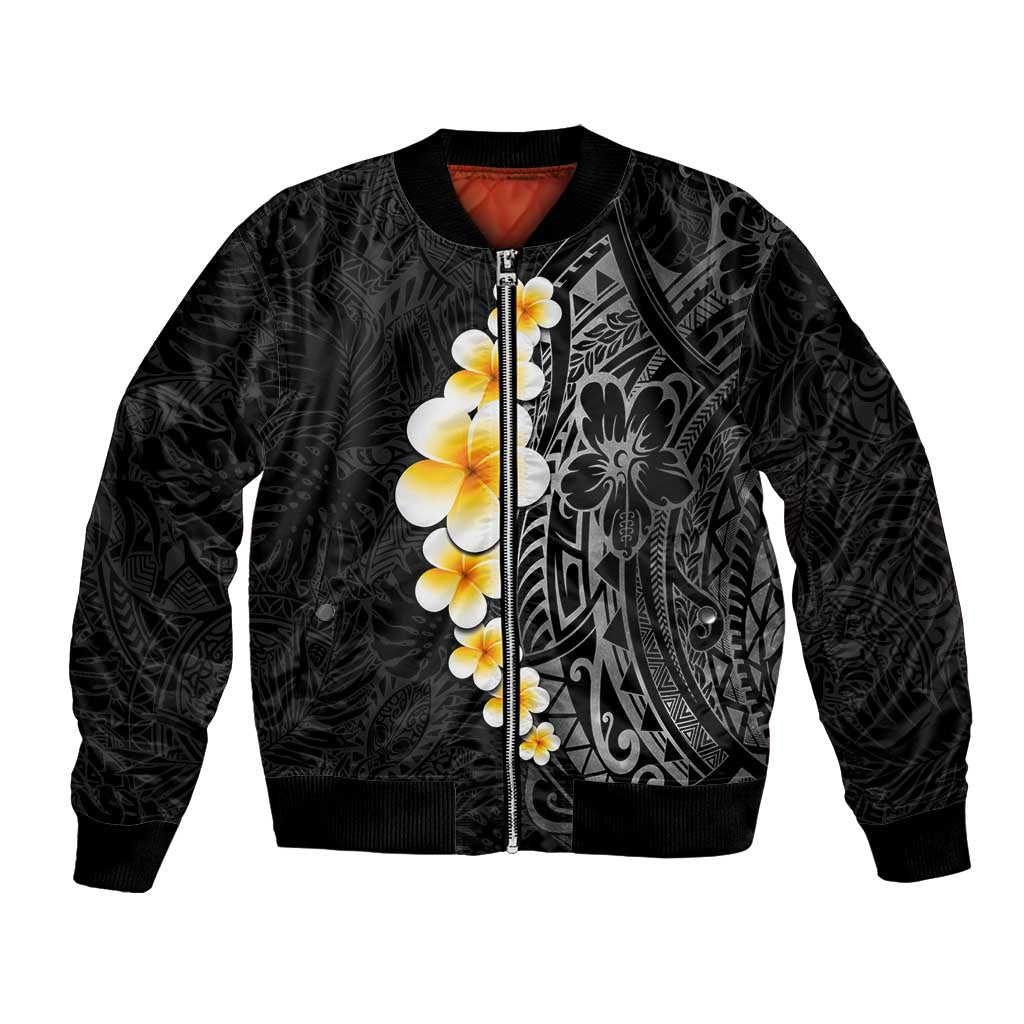 Black Tropical Plumeria With Galaxy Polynesian Art Bomber Jacket LT14 Unisex Black - Polynesian Pride