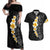 Black Tropical Plumeria With Galaxy Polynesian Art Couples Matching Off Shoulder Maxi Dress and Hawaiian Shirt