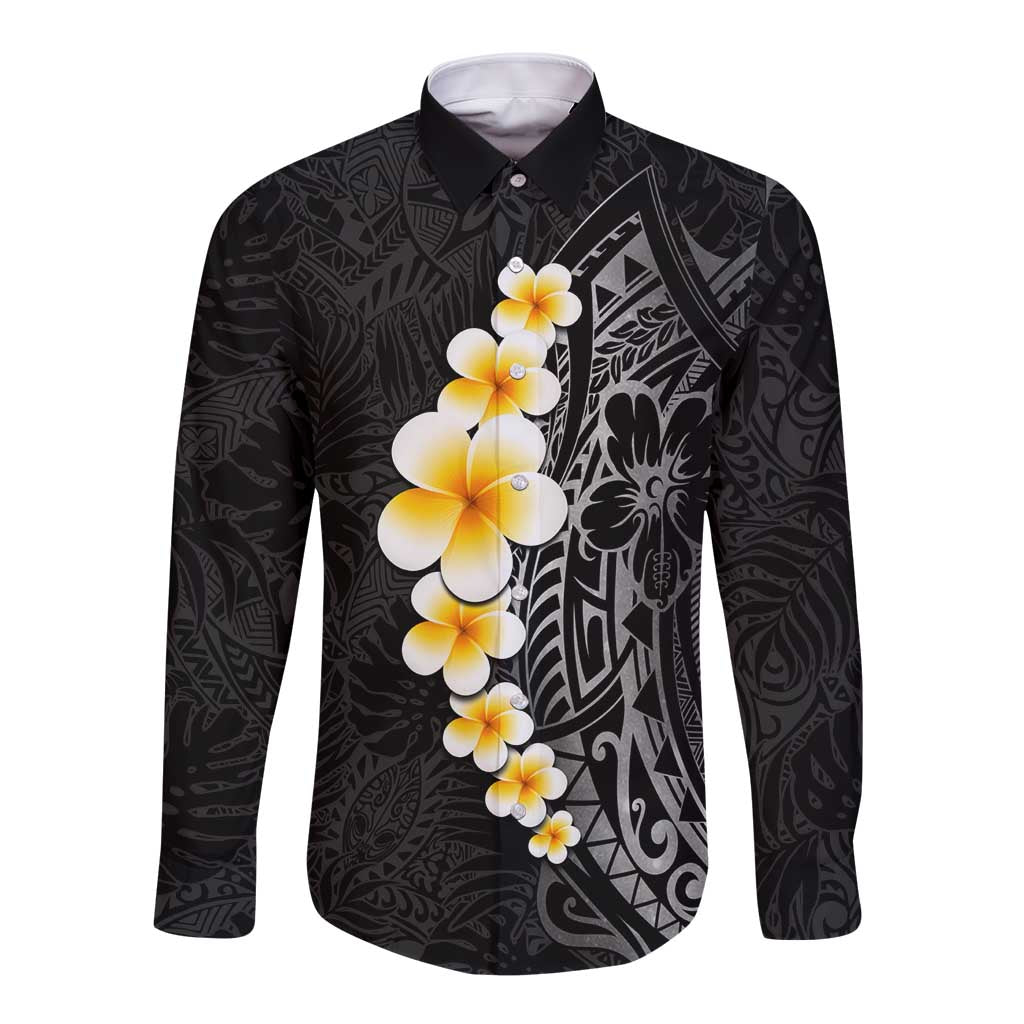 Black Tropical Plumeria With Galaxy Polynesian Art Long Sleeve Button Shirt LT14 Unisex Black - Polynesian Pride
