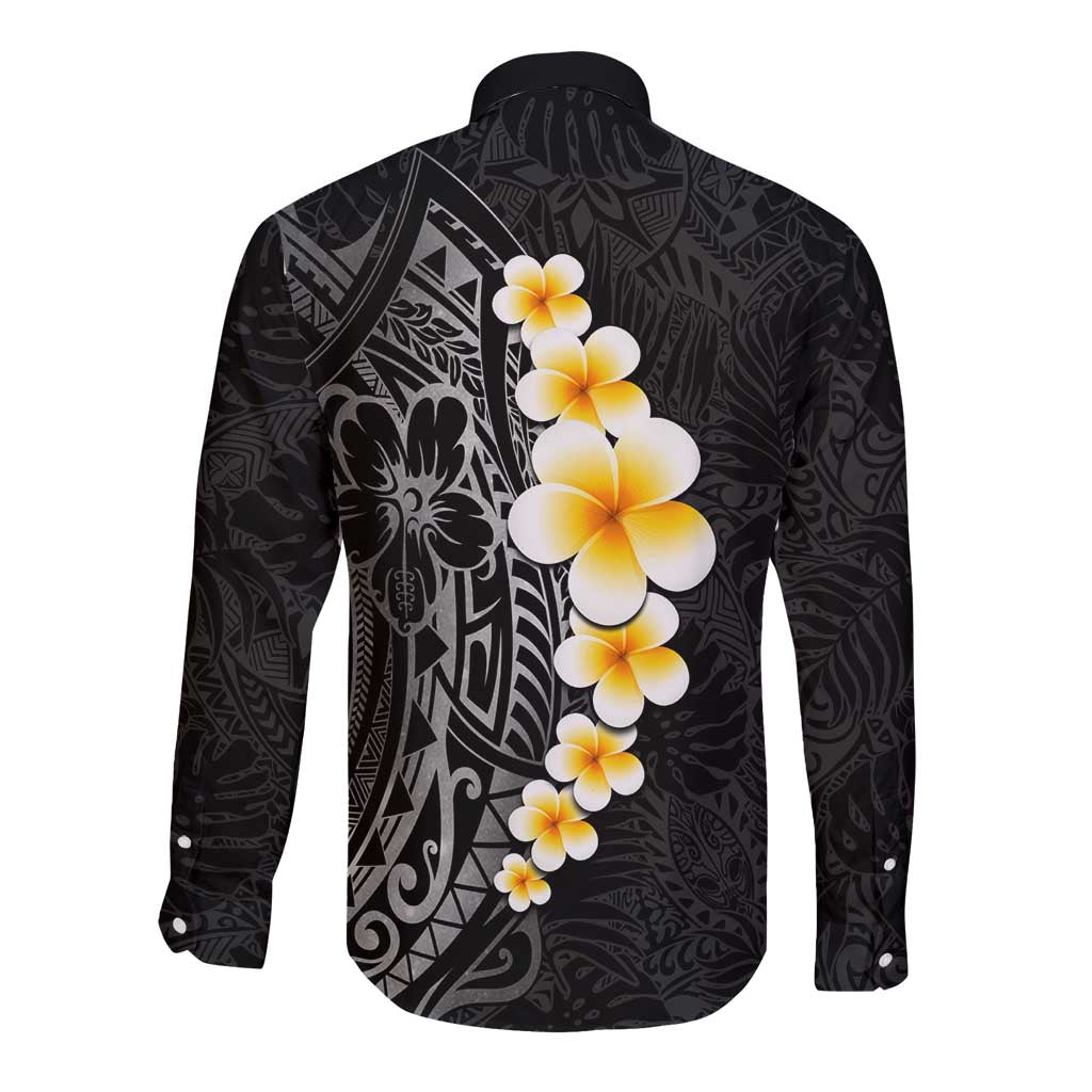 Black Tropical Plumeria With Galaxy Polynesian Art Long Sleeve Button Shirt LT14 - Polynesian Pride