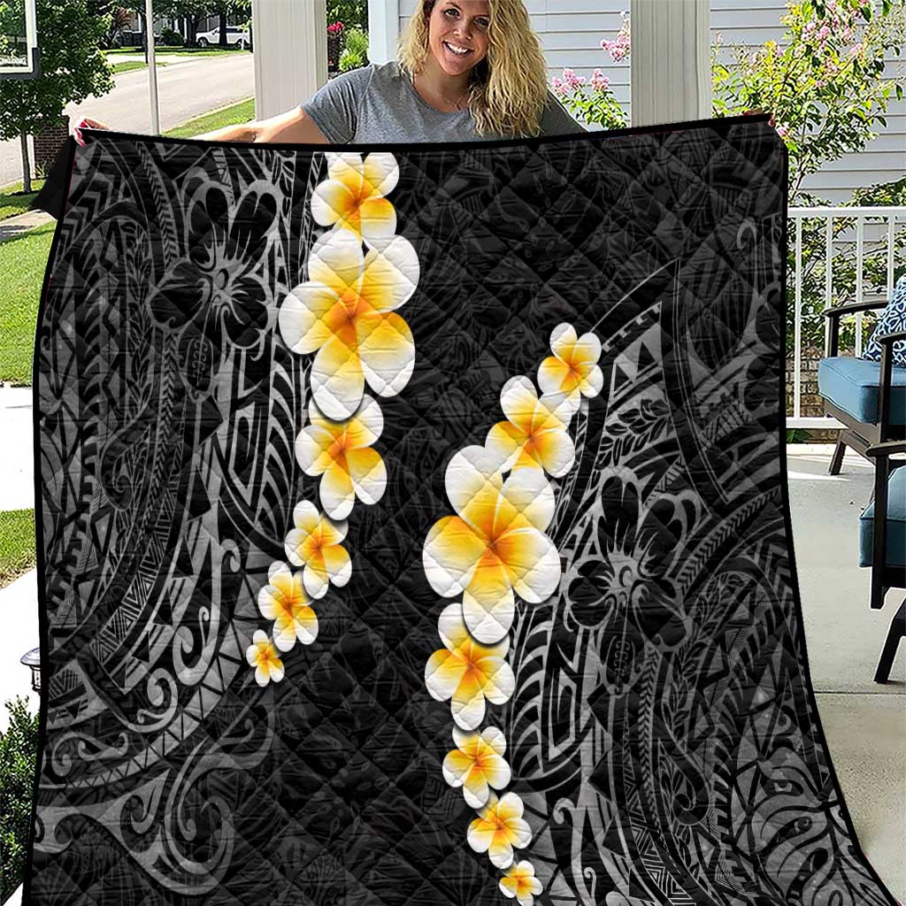 Black Tropical Plumeria With Galaxy Polynesian Art Quilt