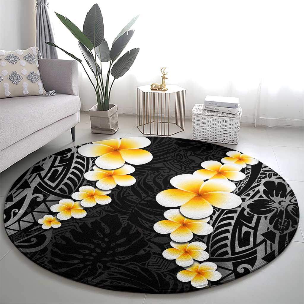 Black Tropical Plumeria With Galaxy Polynesian Art Round Carpet LT14 - Polynesian Pride