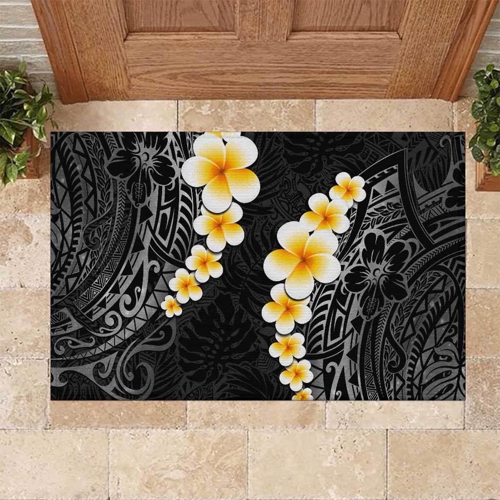 Black Tropical Plumeria With Galaxy Polynesian Art Rubber Doormat LT14 Black - Polynesian Pride