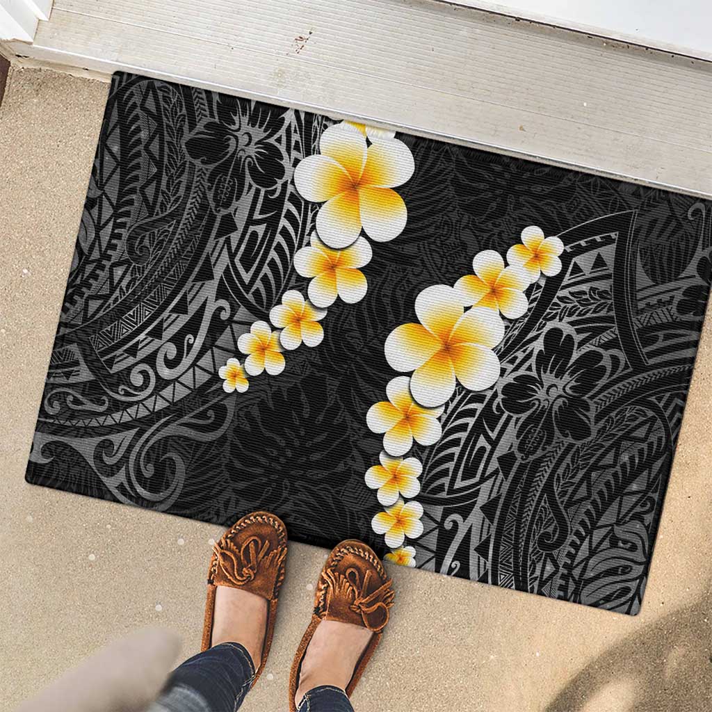 Black Tropical Plumeria With Galaxy Polynesian Art Rubber Doormat LT14 - Polynesian Pride