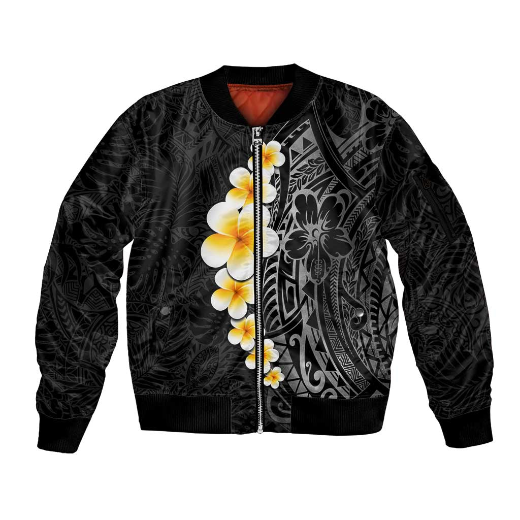 Black Tropical Plumeria With Galaxy Polynesian Art Sleeve Zip Bomber Jacket LT14 Unisex Black - Polynesian Pride