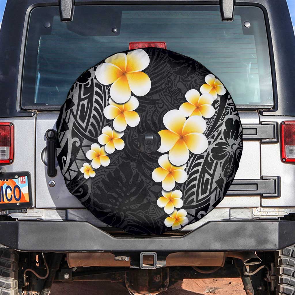 Black Tropical Plumeria With Galaxy Polynesian Art Spare Tire Cover