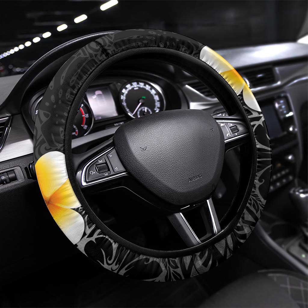 Black Tropical Plumeria With Galaxy Polynesian Art Steering Wheel Cover