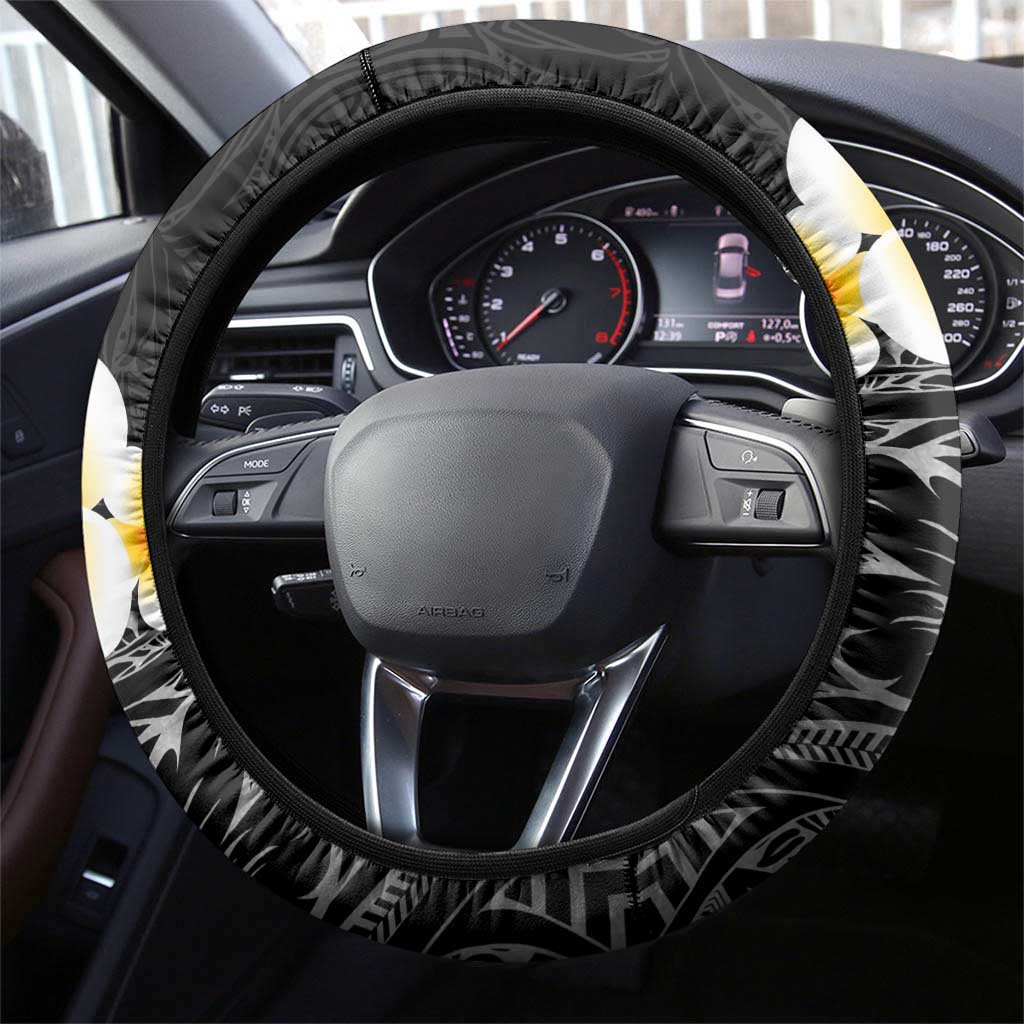 Black Tropical Plumeria With Galaxy Polynesian Art Steering Wheel Cover LT14 - Polynesian Pride
