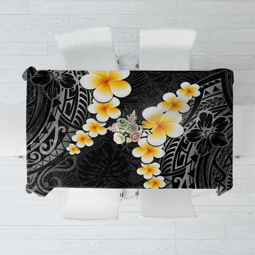 Black Tropical Plumeria With Galaxy Polynesian Art Tablecloth