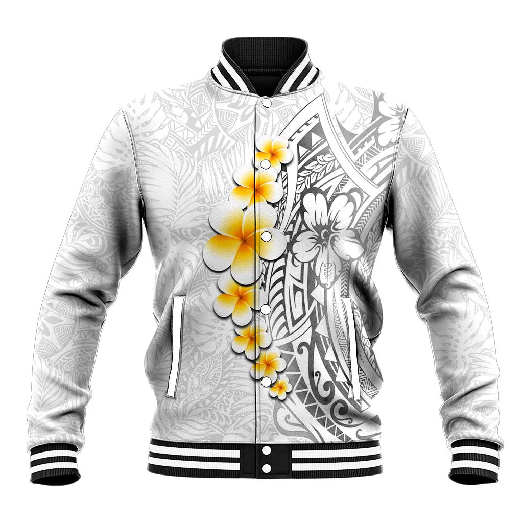 White Tropical Plumeria With Galaxy Polynesian Art Baseball Jacket LT14 Unisex White - Polynesian Pride