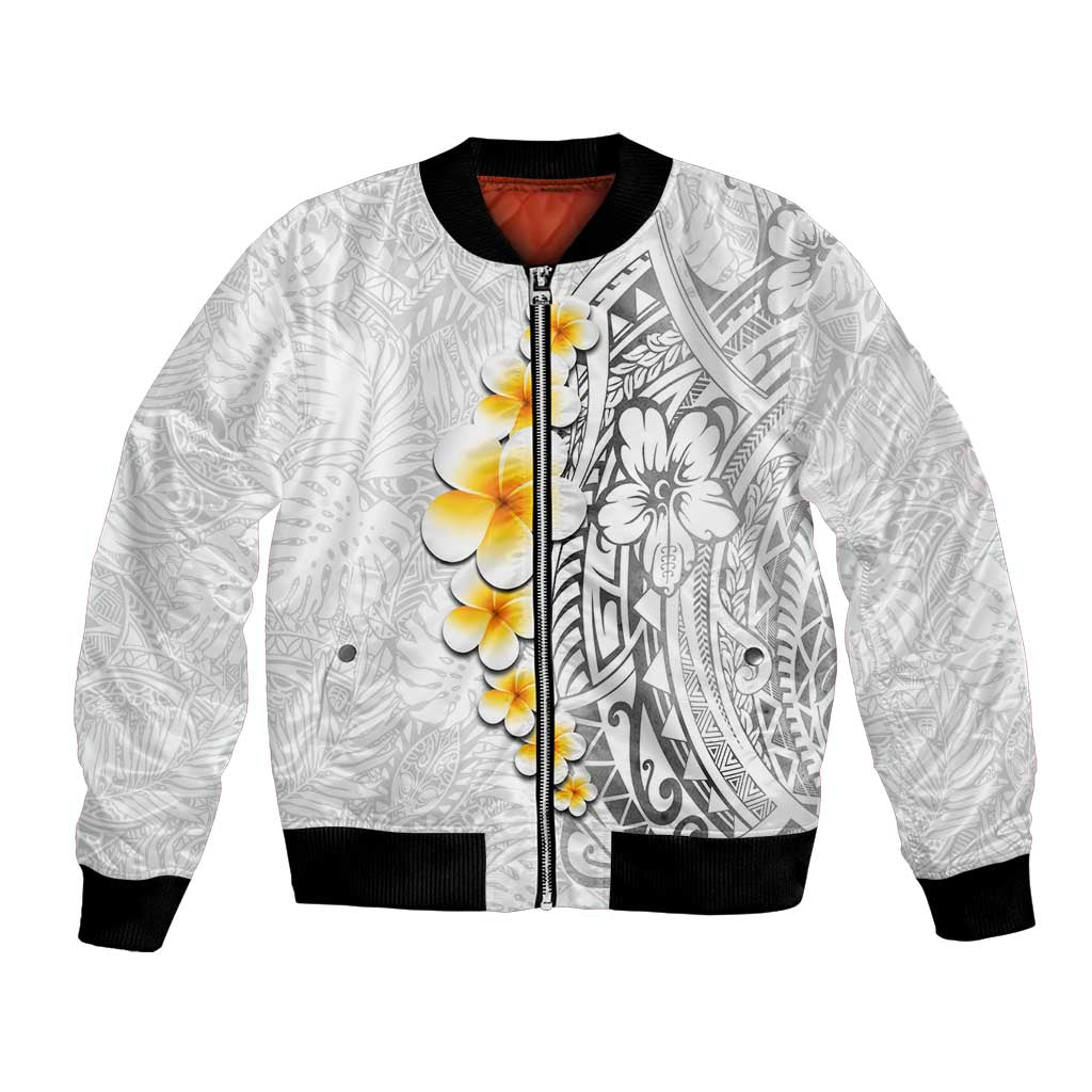 White Tropical Plumeria With Galaxy Polynesian Art Bomber Jacket LT14 Unisex White - Polynesian Pride