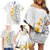 White Tropical Plumeria With Galaxy Polynesian Art Family Matching Off Shoulder Short Dress and Hawaiian Shirt