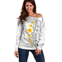 White Tropical Plumeria With Galaxy Polynesian Art Off Shoulder Sweater LT14 Women White - Polynesian Pride