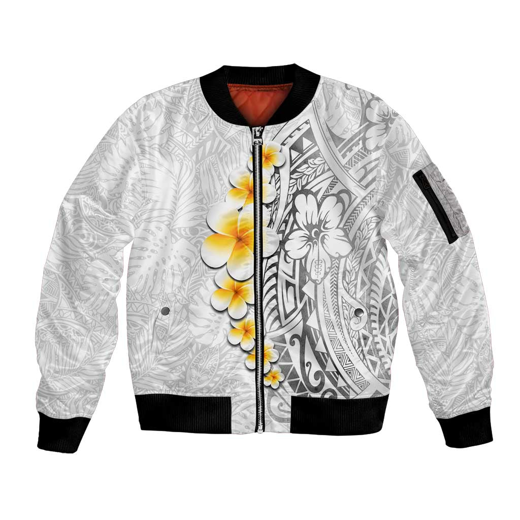 White Tropical Plumeria With Galaxy Polynesian Art Sleeve Zip Bomber Jacket LT14 Unisex White - Polynesian Pride