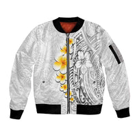 White Tropical Plumeria With Galaxy Polynesian Art Sleeve Zip Bomber Jacket LT14 Unisex White - Polynesian Pride