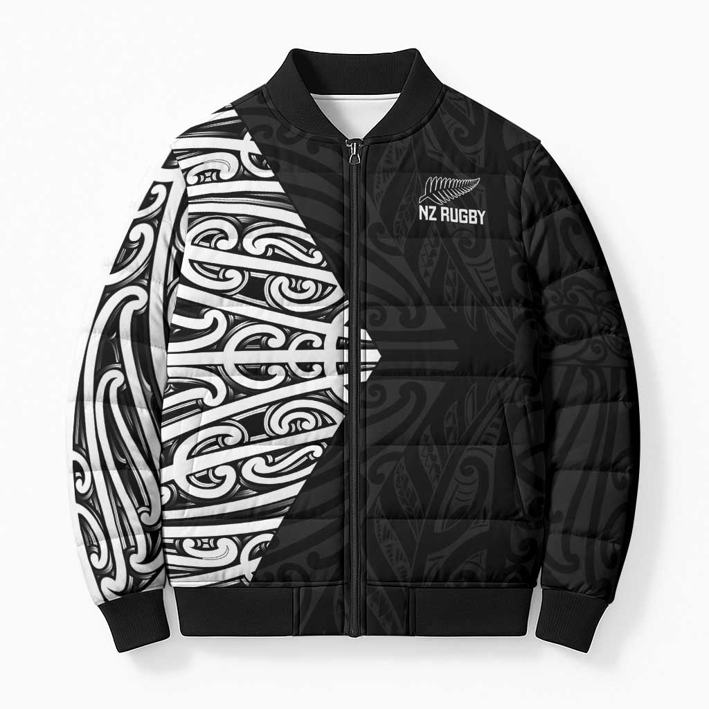 New Zealand Silver Fern Rugby Custom Bomber Puffer Jacket Maori Koru Go Black Fern LT14 Unisex Black - Polynesian Pride