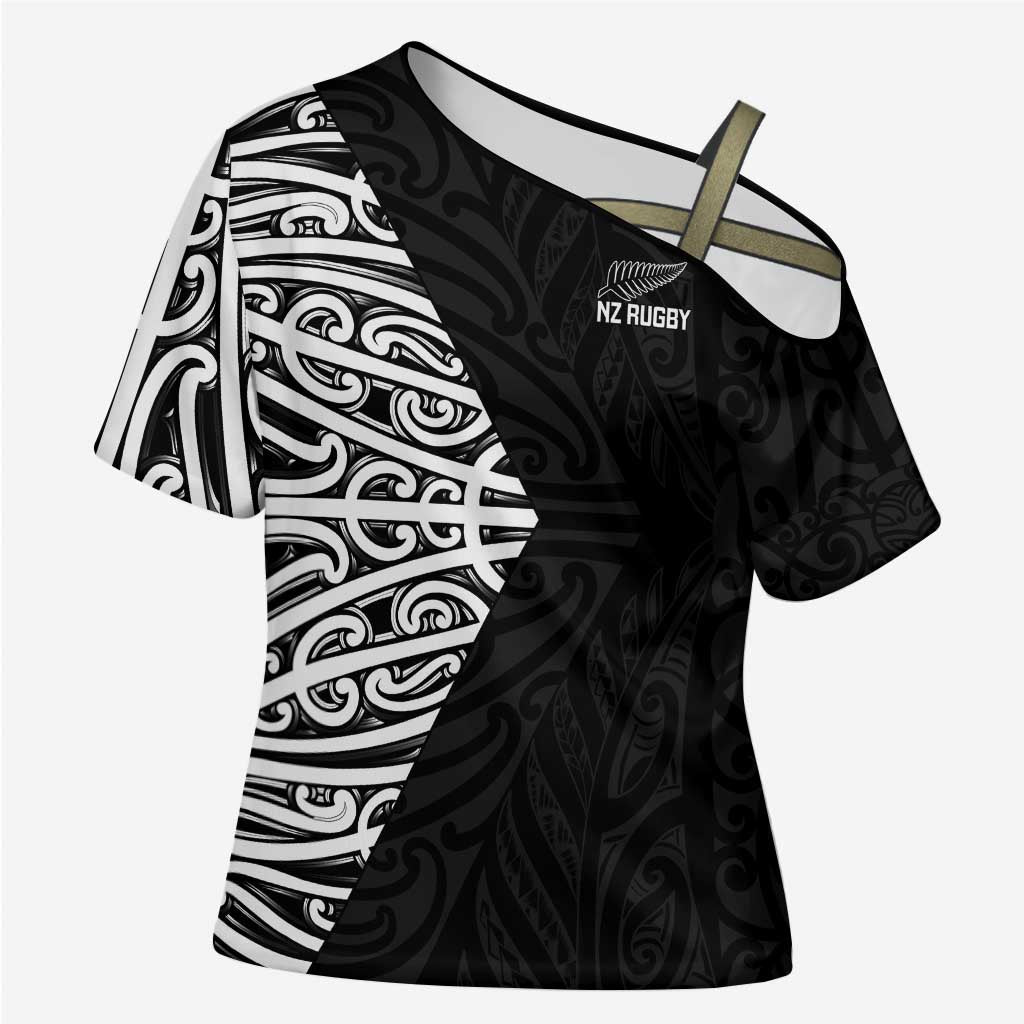 New Zealand Silver Fern Rugby Custom Cross Shoulder Shirt Maori Koru Go Black Fern LT14 Female Black - Polynesian Pride