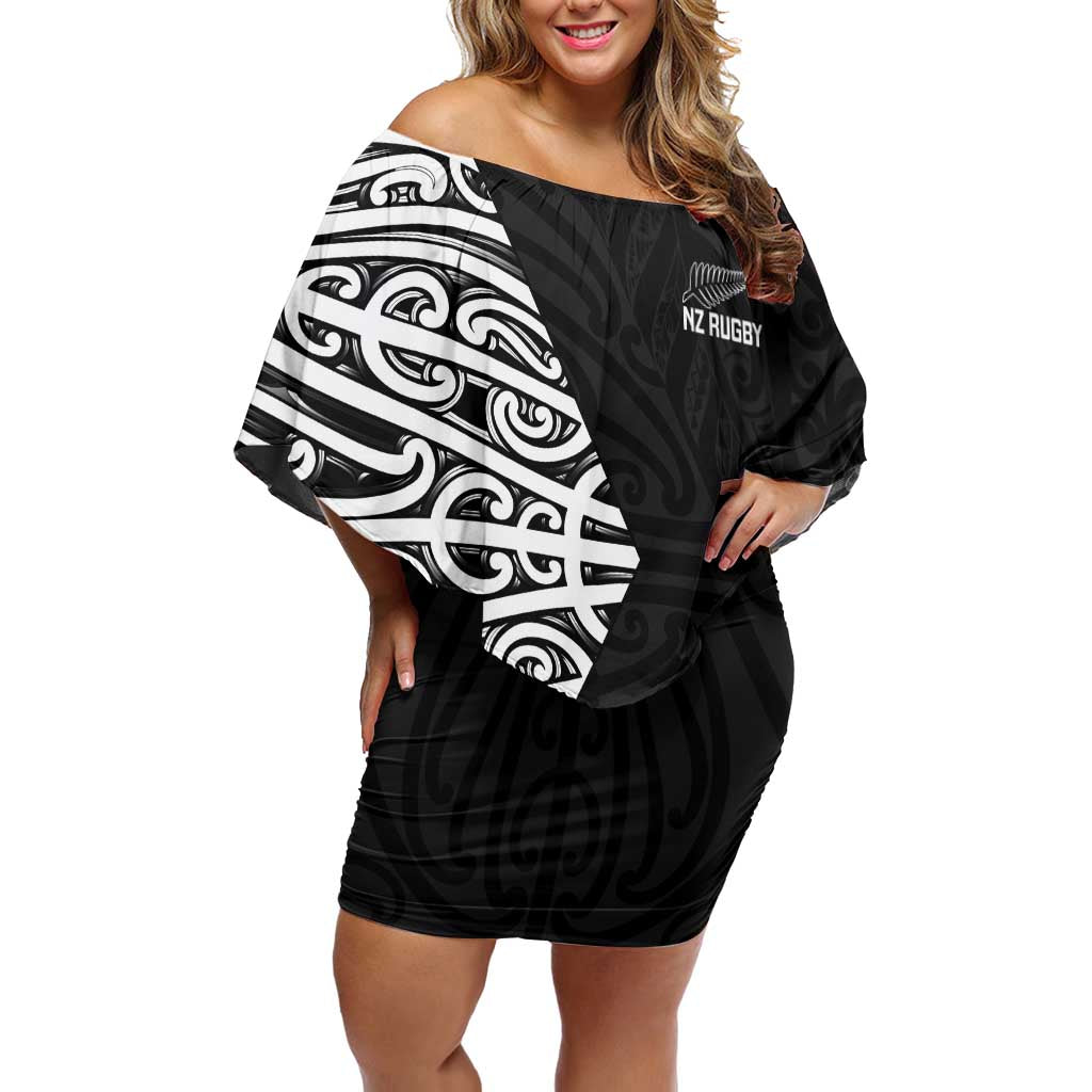 New Zealand Silver Fern Rugby Custom Off Shoulder Short Dress Maori Koru Go Black Fern LT14 Women Black - Polynesian Pride