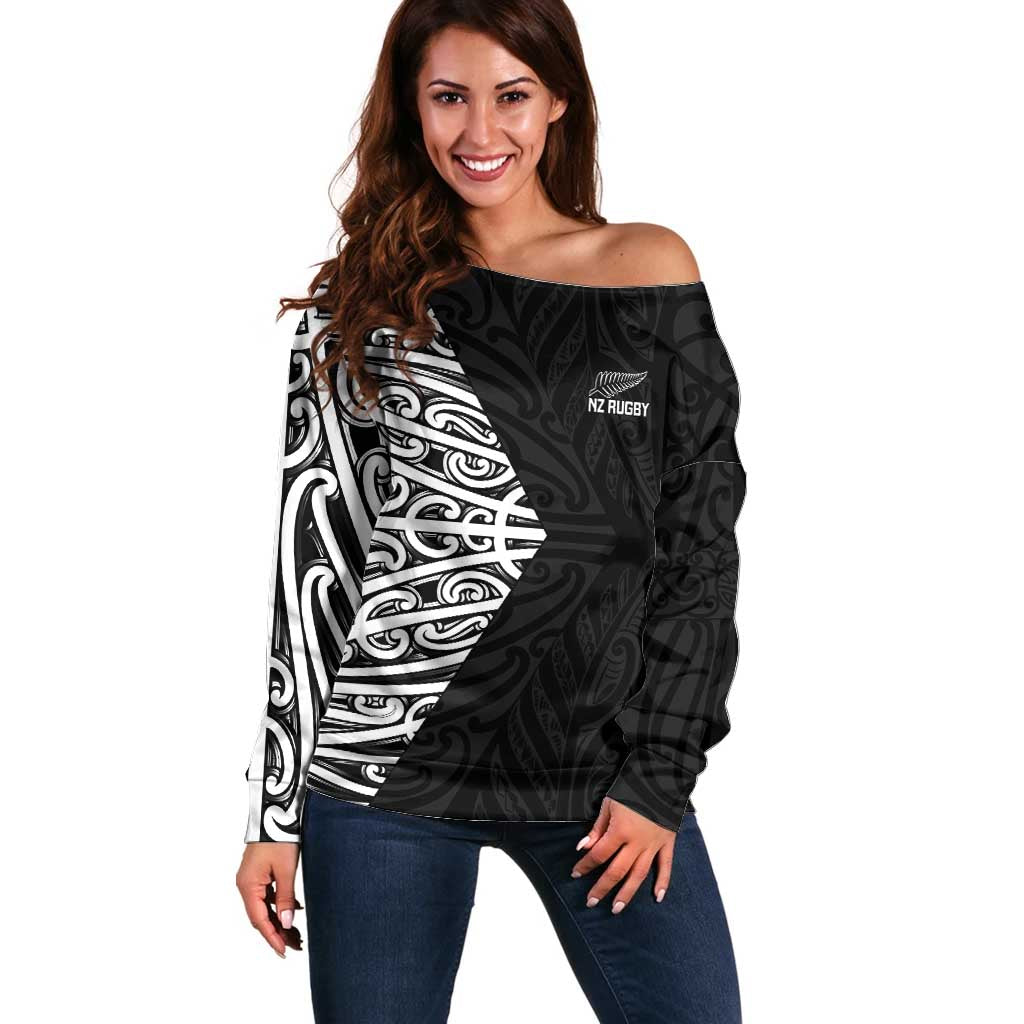 New Zealand Silver Fern Rugby Custom Off Shoulder Sweater Maori Koru Go Black Fern LT14 Women Black - Polynesian Pride