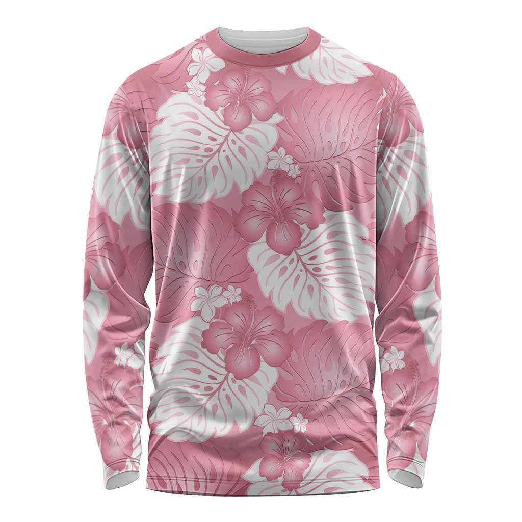 Pink Aloha Hawaii Long Sleeve Shirt Monstera Hibiscus Plumeria Seamless Vibes LT14 Unisex Pink - Polynesian Pride