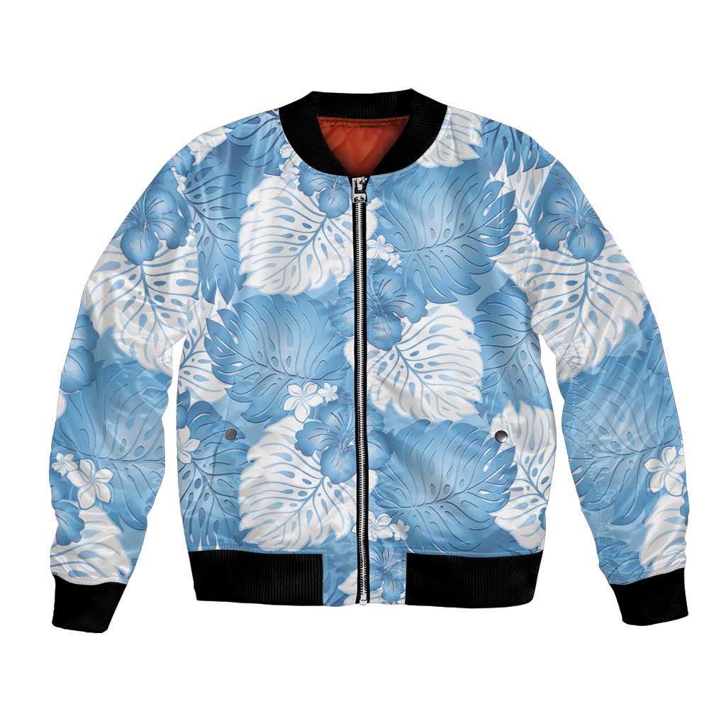 Blue Aloha Hawaii Bomber Jacket Monstera Hibiscus Plumeria Seamless Vibes LT14 Unisex Blue - Polynesian Pride