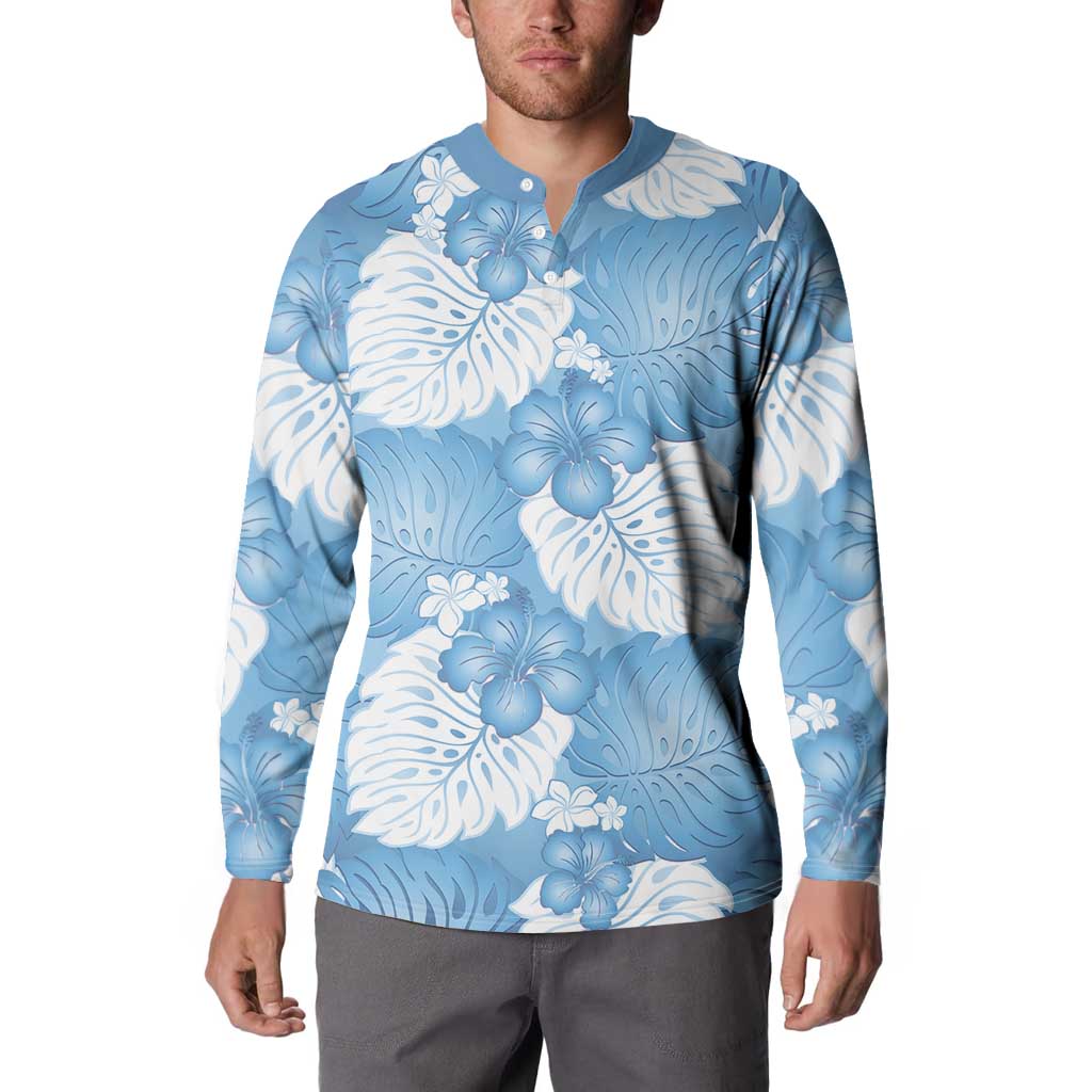 Blue Aloha Hawaii Button Sweatshirt Monstera Hibiscus Plumeria Seamless Vibes LT14 - Polynesian Pride