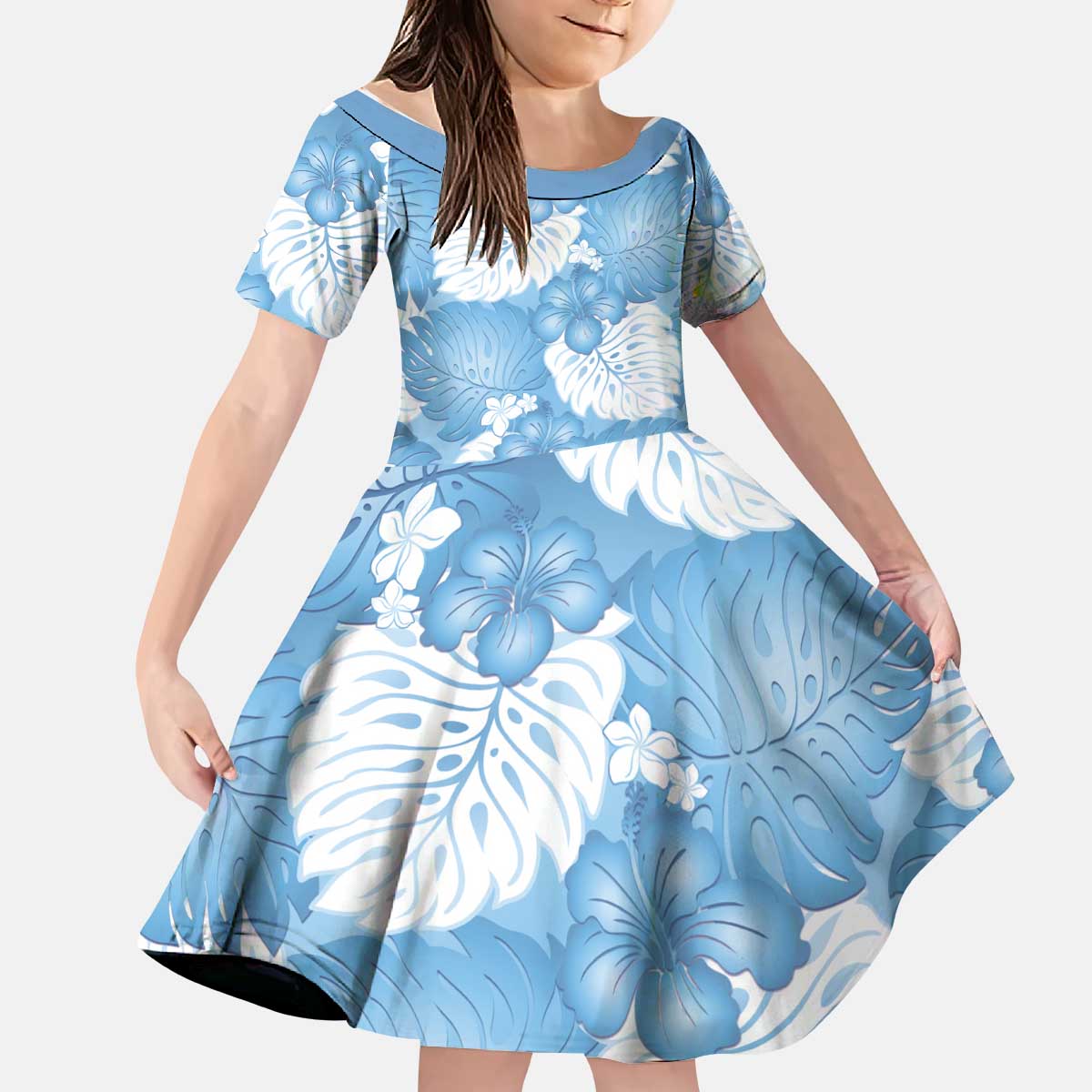 Blue Aloha Hawaii Kid Short Sleeve Dress Monstera Hibiscus Plumeria Seamless Vibes LT14 KID Blue - Polynesian Pride