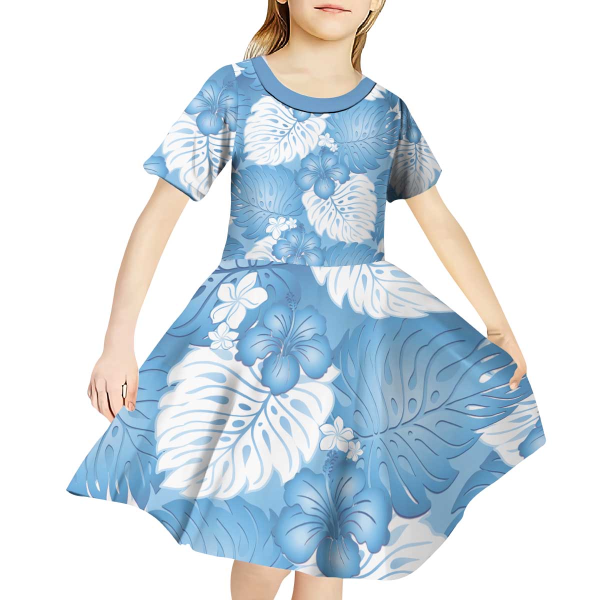 Blue Aloha Hawaii Kid Short Sleeve Dress Monstera Hibiscus Plumeria Seamless Vibes LT14 - Polynesian Pride