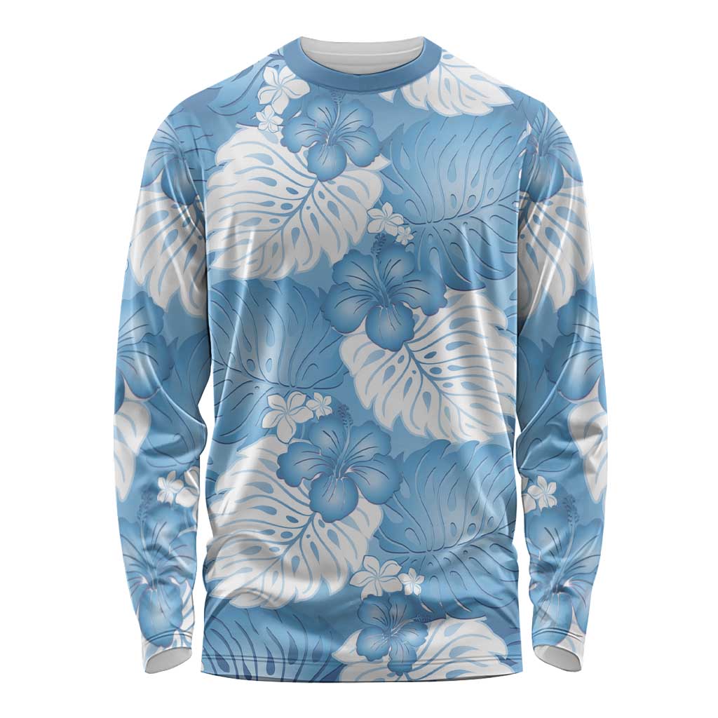 Blue Aloha Hawaii Long Sleeve Shirt Monstera Hibiscus Plumeria Seamless Vibes LT14 Unisex Blue - Polynesian Pride