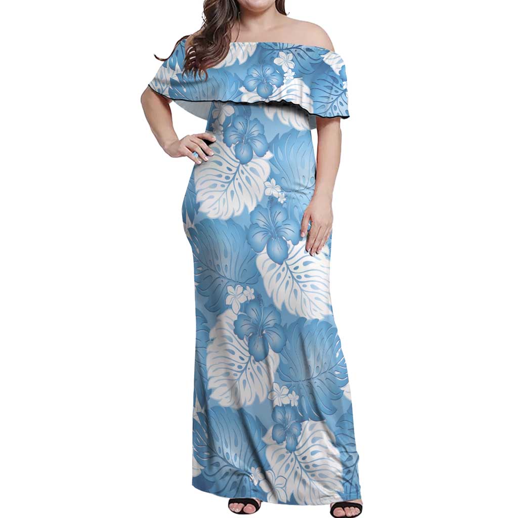 Blue Aloha Hawaii Off Shoulder Maxi Dress Monstera Hibiscus Plumeria Seamless Vibes LT14 Women Blue - Polynesian Pride