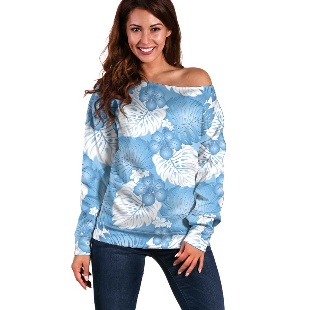 Blue Aloha Hawaii Off Shoulder Sweater Monstera Hibiscus Plumeria Seamless Vibes LT14 Women Blue - Polynesian Pride