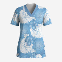 Blue Aloha Hawaii Scrub Top Monstera Hibiscus Plumeria Seamless Vibes LT14 Adult Blue - Polynesian Pride