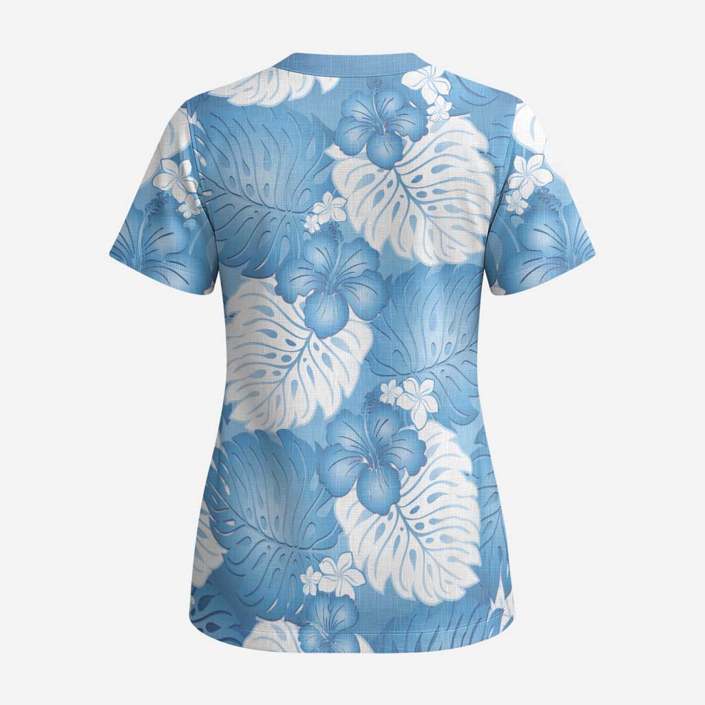 Blue Aloha Hawaii Scrub Top Monstera Hibiscus Plumeria Seamless Vibes LT14 - Polynesian Pride