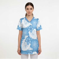 Blue Aloha Hawaii Scrub Top Monstera Hibiscus Plumeria Seamless Vibes LT14 - Polynesian Pride