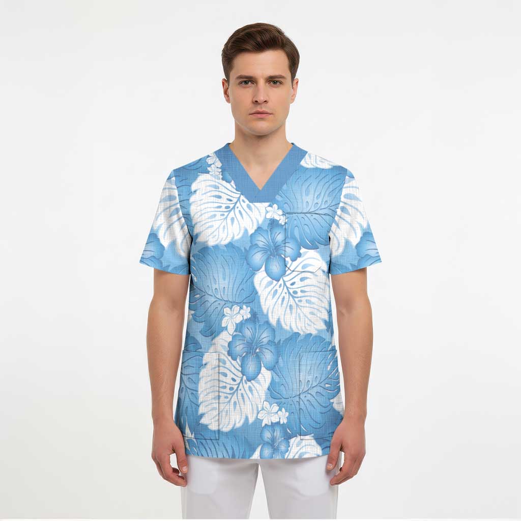 Blue Aloha Hawaii Scrub Top Monstera Hibiscus Plumeria Seamless Vibes LT14 - Polynesian Pride
