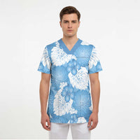 Blue Aloha Hawaii Scrub Top Monstera Hibiscus Plumeria Seamless Vibes LT14 - Polynesian Pride