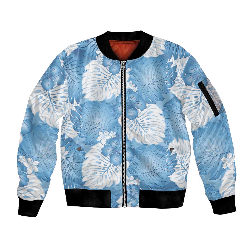 Blue Aloha Hawaii Sleeve Zip Bomber Jacket Monstera Hibiscus Plumeria Seamless Vibes LT14 Unisex Blue - Polynesian Pride