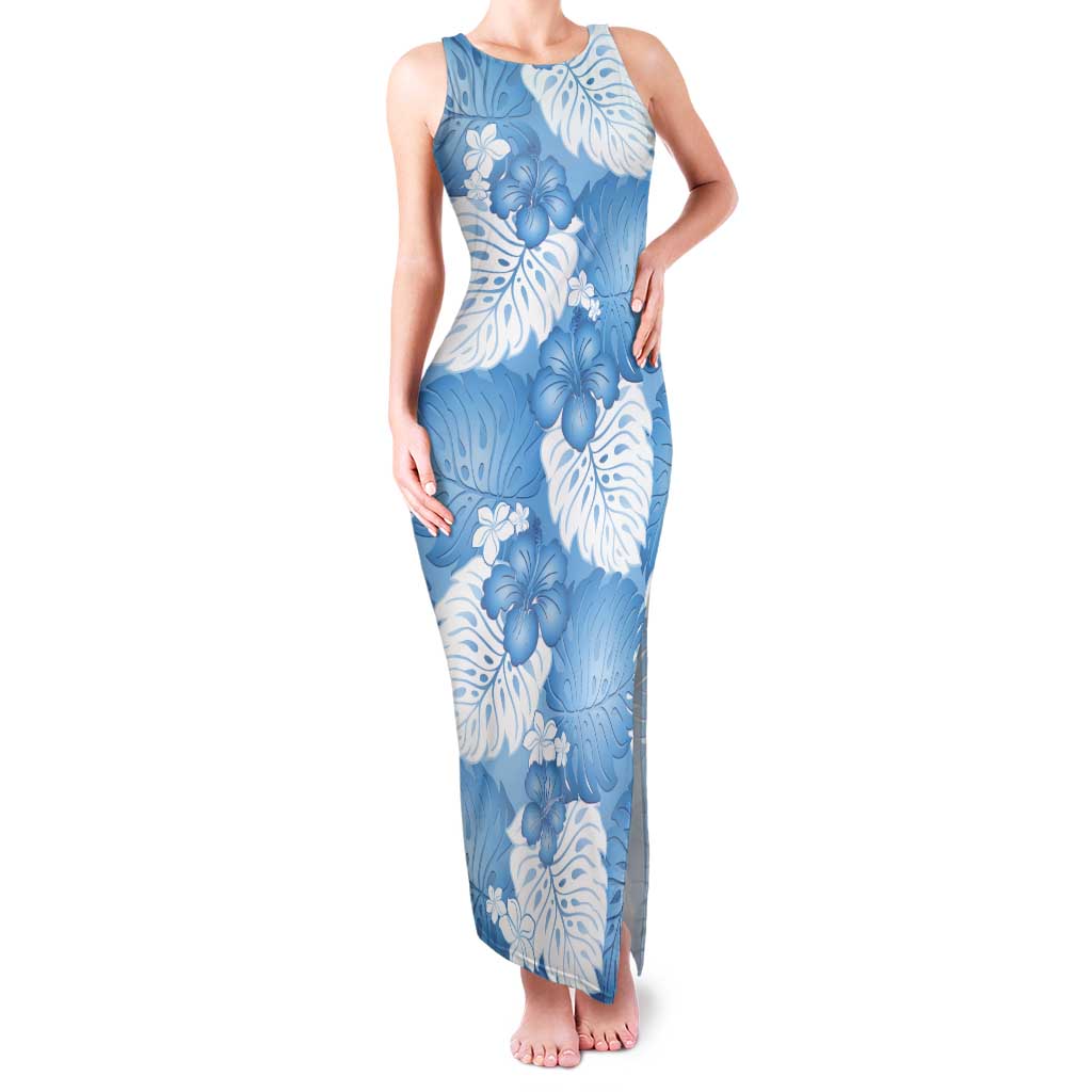Blue Aloha Hawaii Tank Maxi Dress Monstera Hibiscus Plumeria Seamless Vibes LT14 Women Blue - Polynesian Pride