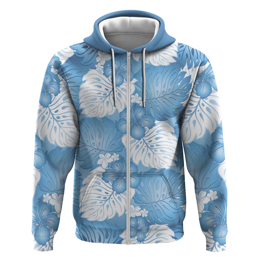 Blue Aloha Hawaii Zip Hoodie Monstera Hibiscus Plumeria Seamless Vibes LT14 Zip Hoodie Blue - Polynesian Pride