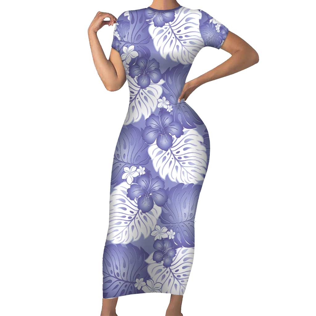 Purple Aloha Hawaii Short Sleeve Bodycon Dress Monstera Hibiscus Plumeria Seamless Vibes LT14 Long Dress Purple - Polynesian Pride