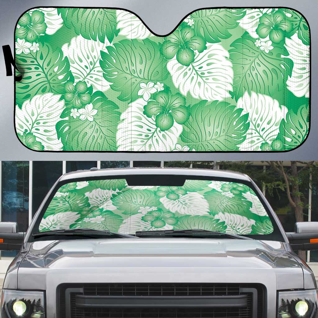 Green Aloha Hawaii Auto Sun Shade Monstera Hibiscus Plumeria Seamless Vibes LT14 Green - Polynesian Pride