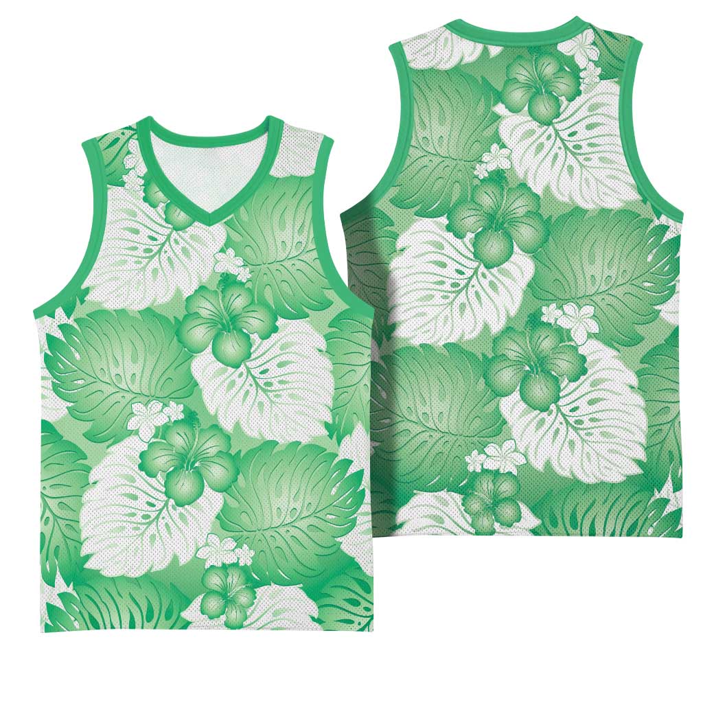 Green Aloha Hawaii Basketball Jersey Monstera Hibiscus Plumeria Seamless Vibes LT14 - Polynesian Pride