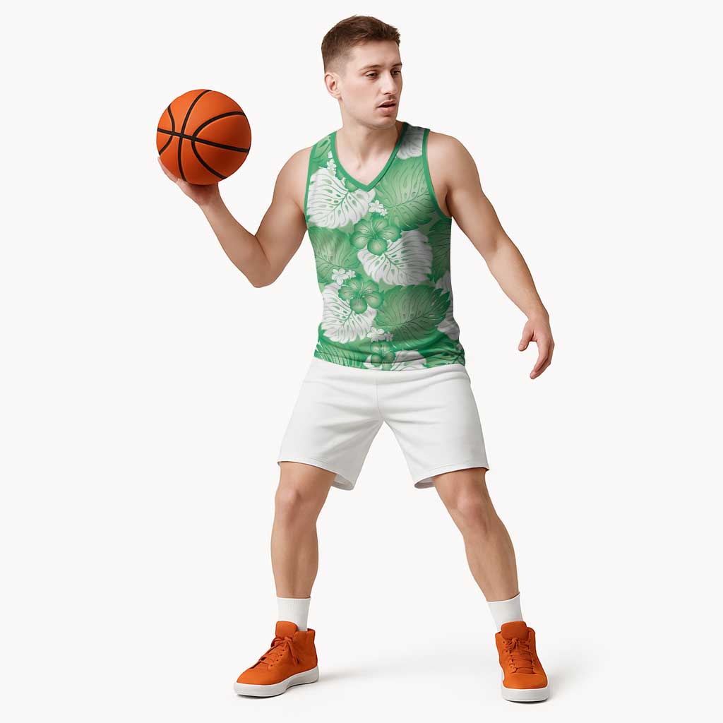 Green Aloha Hawaii Basketball Jersey Monstera Hibiscus Plumeria Seamless Vibes LT14 - Polynesian Pride