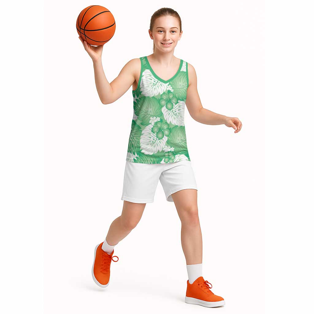 Green Aloha Hawaii Basketball Jersey Monstera Hibiscus Plumeria Seamless Vibes LT14 - Polynesian Pride