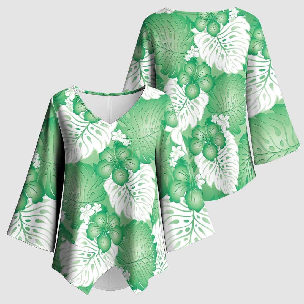 Green Aloha Hawaii Kimono Sleeve Blouse Monstera Hibiscus Plumeria Seamless Vibes LT14 - Polynesian Pride
