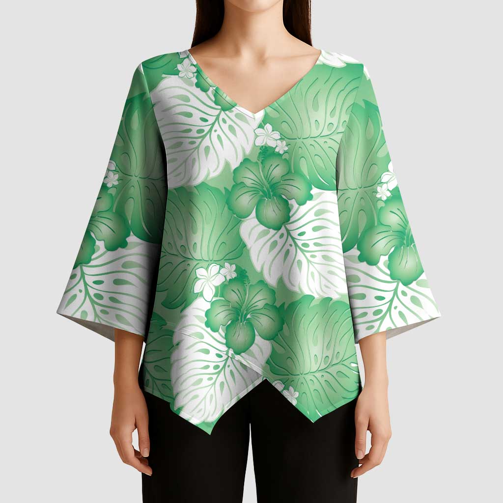 Green Aloha Hawaii Kimono Sleeve Blouse Monstera Hibiscus Plumeria Seamless Vibes LT14 - Polynesian Pride