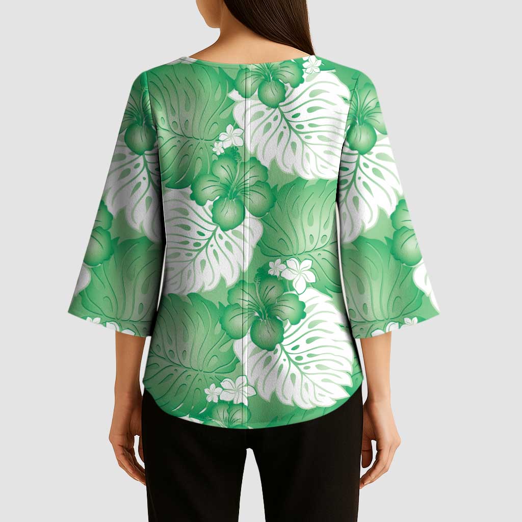 Green Aloha Hawaii Kimono Sleeve Blouse Monstera Hibiscus Plumeria Seamless Vibes LT14 - Polynesian Pride