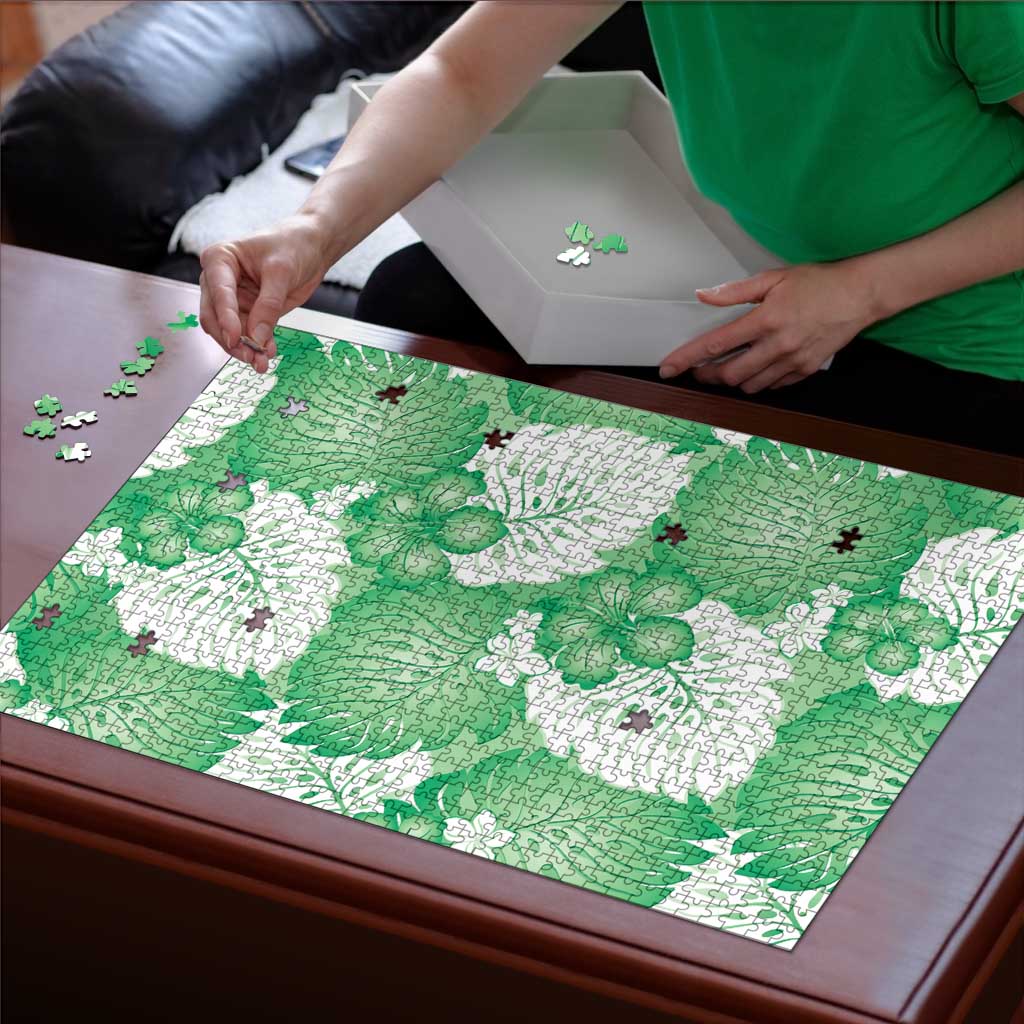 Green Aloha Hawaii Puzzle Monstera Hibiscus Plumeria Seamless Vibes LT14 - Polynesian Pride