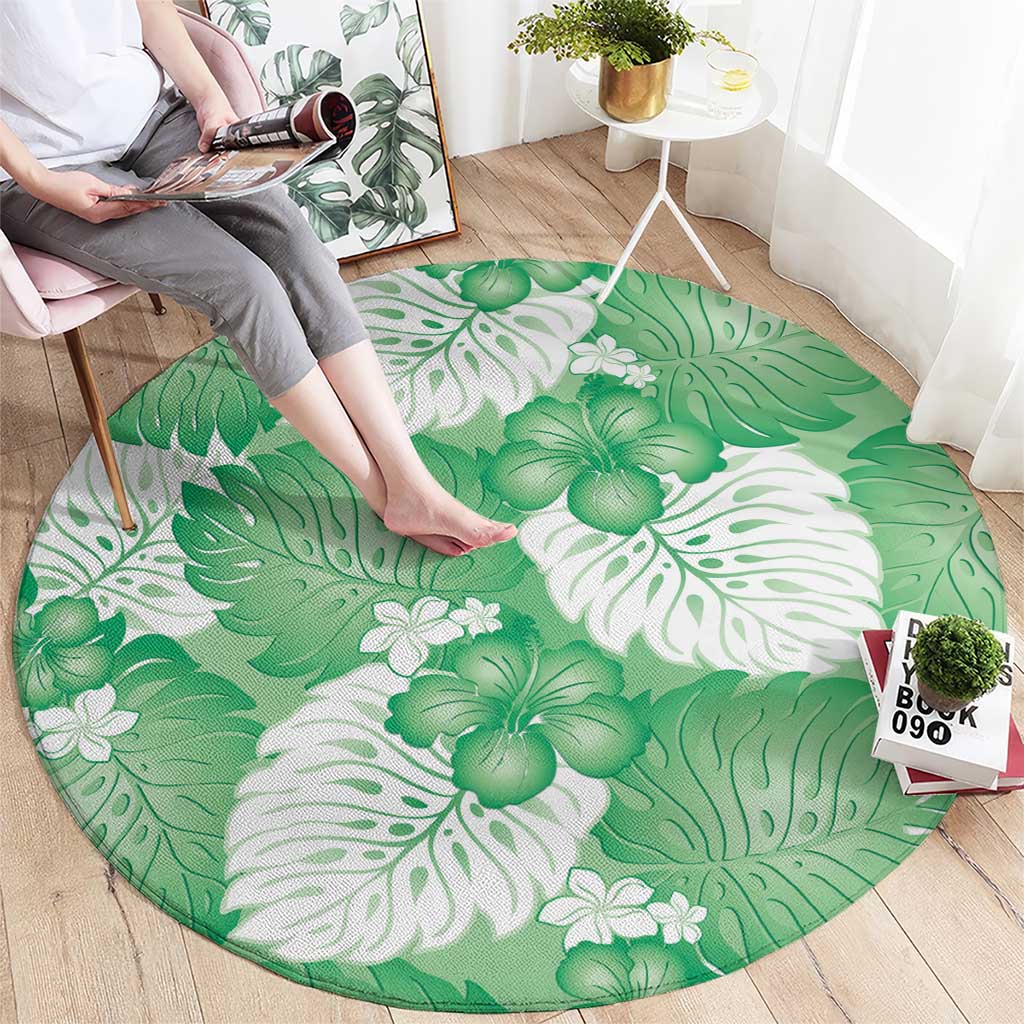 Green Aloha Hawaii Round Carpet Monstera Hibiscus Plumeria Seamless Vibes LT14 - Polynesian Pride