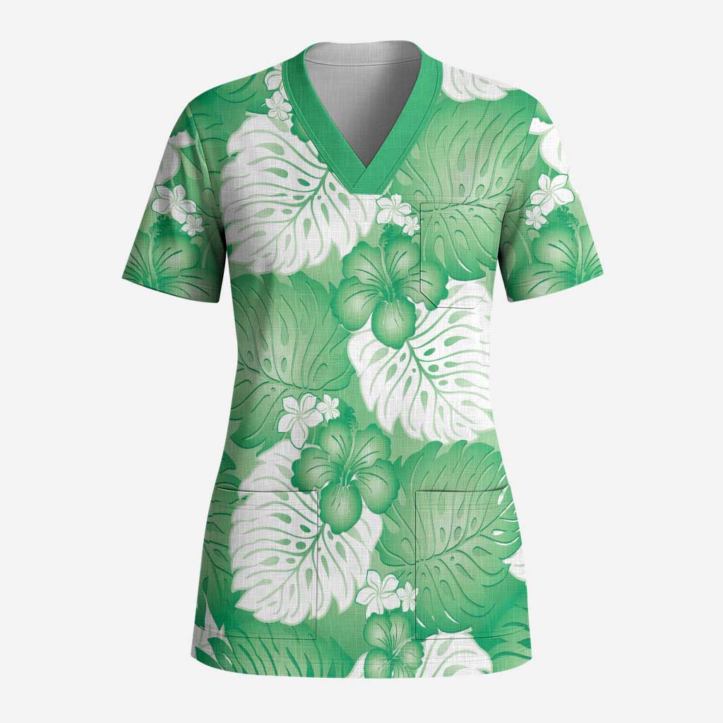 Green Aloha Hawaii Scrub Top Monstera Hibiscus Plumeria Seamless Vibes LT14 Adult Green - Polynesian Pride